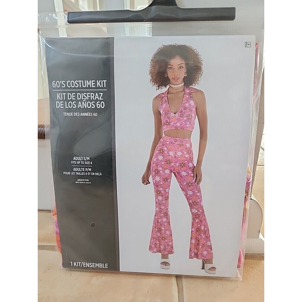 60's Costume Kit Pink Floral Halter Top & Bell Bottom Pants Adult S/M